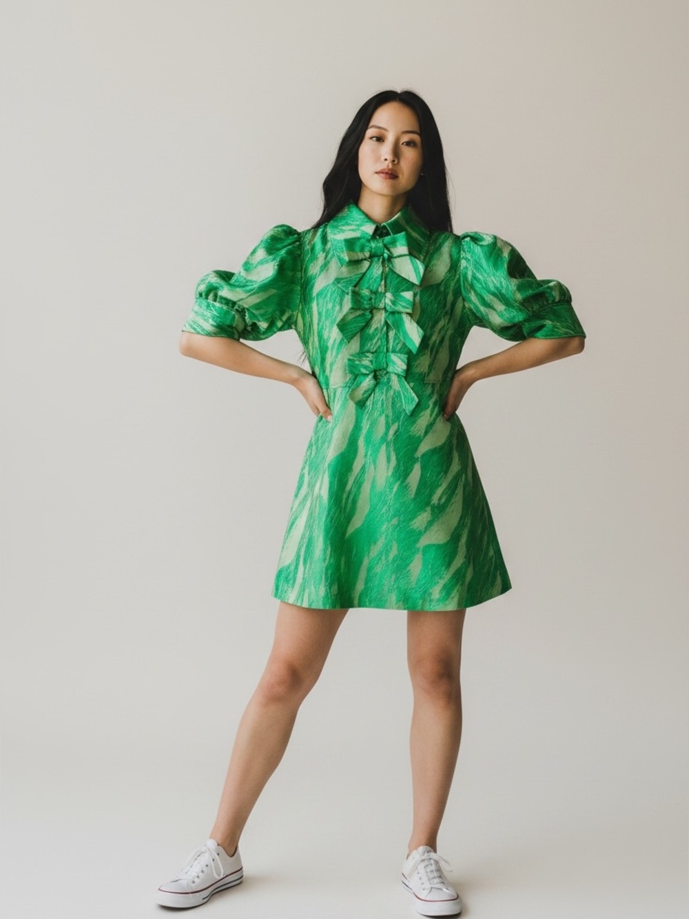 Ganni Emerald Green Puff-Sleeve Bow-Front Mini Dress